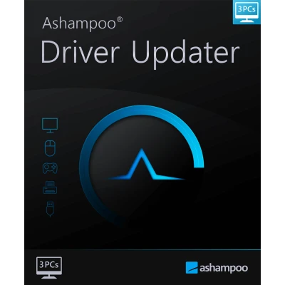 alt=Ashampoo Driver Updater software box design featuring a blue circular logo, with icons for various devices. Designed for 3 PCs.