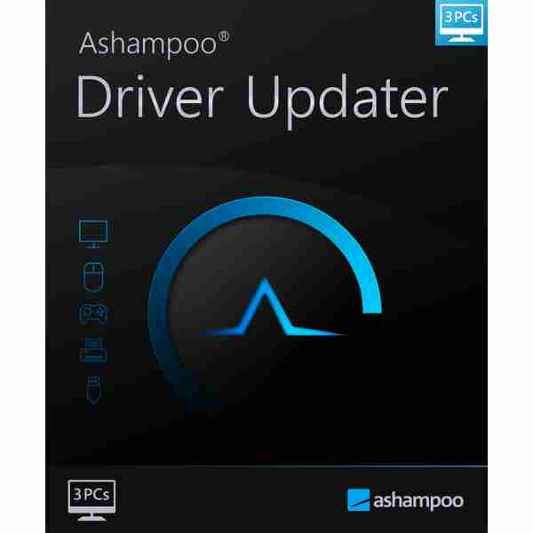 alt=Ashampoo Driver Updater software box design featuring a blue circular logo, with icons for various devices. Designed for 3 PCs.