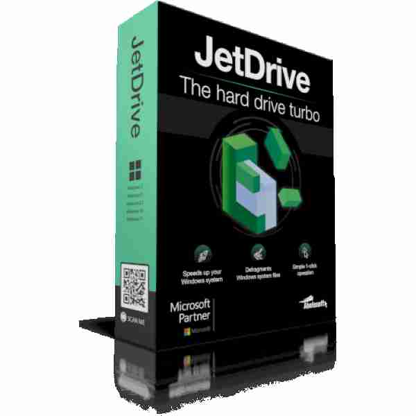 alt=JetDrive software box featuring the tagline "The hard drive turbo" with Microsoft Partner logo and key features highlighted.
