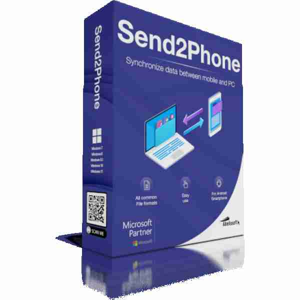 alt=Box design for Send2Phone, a data synchronization tool for mobile and PC, highlighting compatibility and ease of use.