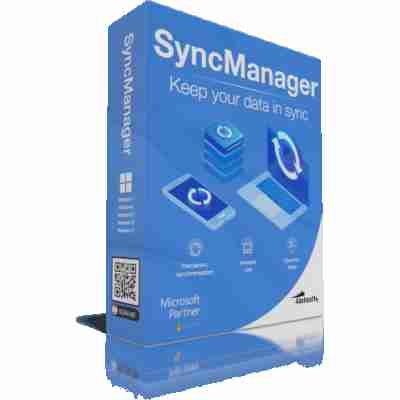 Blue software box for SyncManager, showcasing features like data synchronization, with logos of Windows and Microsoft Partner.