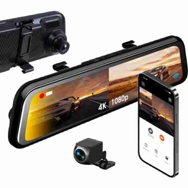 alt=A car rearview mirror dash cam setup showing 4K and 1080p displays, alongside a smartphone with a camera control app and an external camera.