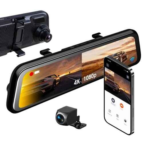 alt=A car rearview mirror dash cam setup showing 4K and 1080p displays, alongside a smartphone with a camera control app and an external camera.