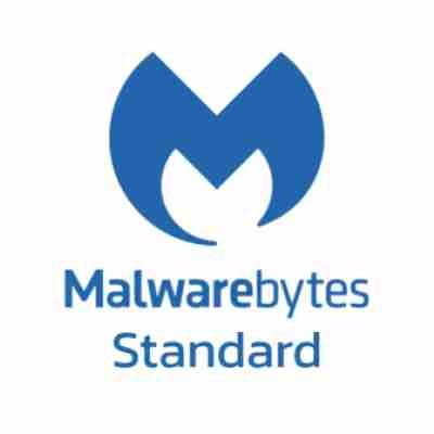 alt=Malwarebytes logo featuring a blue stylized 'M' above the word 'Malwarebytes' with 'Standard' below, all on a white background.