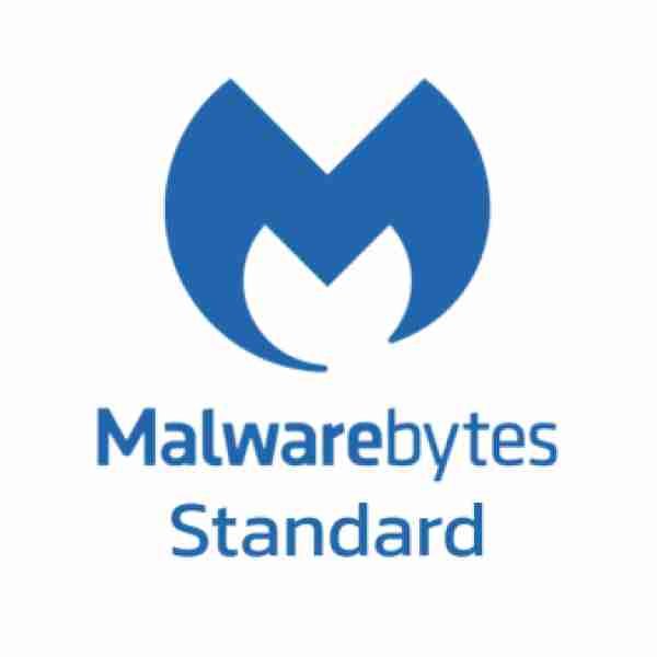 alt=Malwarebytes logo featuring a blue stylized 'M' above the word 'Malwarebytes' with 'Standard' below, all on a white background.