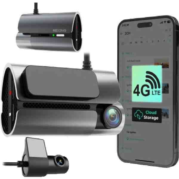 alt=A sleek 4G LTE dash camera setup with cloud storage, alongside a smartphone displaying its app features and a compact power adapter.