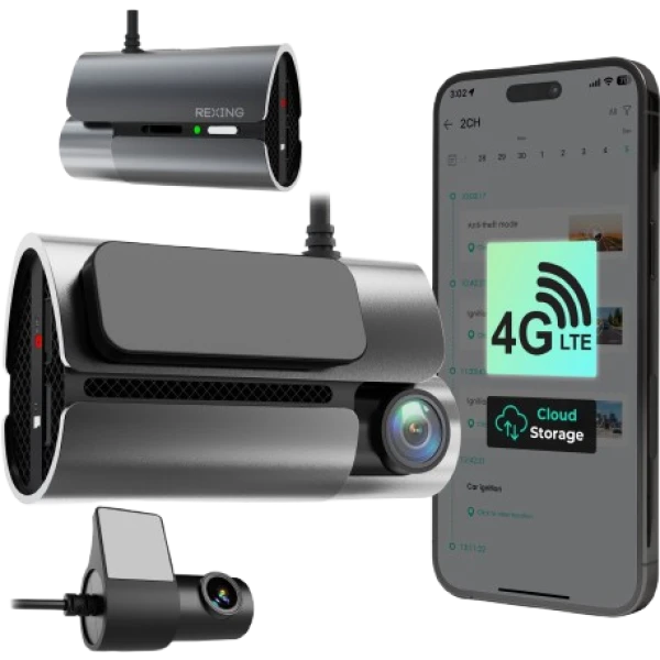 alt=A sleek 4G LTE dash camera setup with cloud storage, alongside a smartphone displaying its app features and a compact power adapter.