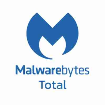 alt=Logo of Malwarebytes Total featuring a blue stylized "M" with the brand name beneath it in blue text.