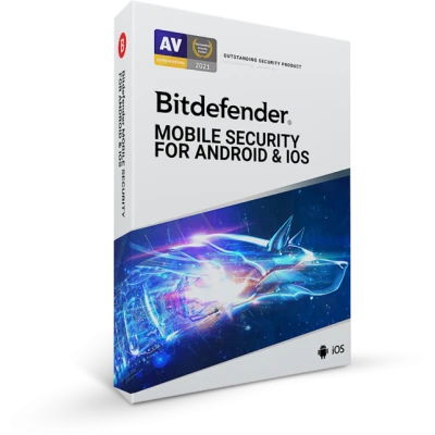 alt=Bitdefender Mobile Security software box featuring a futuristic design, highlighting compatibility with Android and iOS. Awarded 2021 Outstanding Security Product.