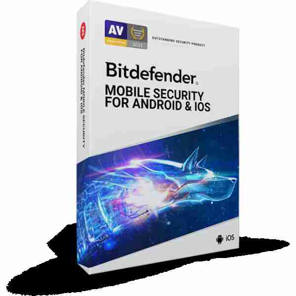 alt=Bitdefender Mobile Security software box featuring a futuristic design, highlighting compatibility with Android and iOS. Awarded 2021 Outstanding Security Product.
