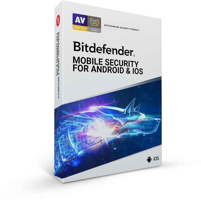 alt=Bitdefender Mobile Security software box featuring a futuristic design, highlighting compatibility with Android and iOS. Awarded 2021 Outstanding Security Product.