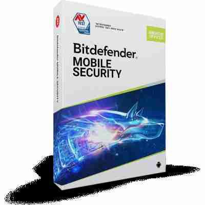 alt=Bitdefender Mobile Security software box featuring a sleek design, highlighting protection for Android devices with a glowing wolf graphic.