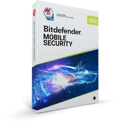 alt=Bitdefender Mobile Security software box featuring a sleek design, highlighting protection for Android devices with a glowing wolf graphic.