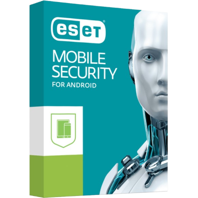 alt=ESET Mobile Security for Android packaging featuring a teal background, logo, and a design symbolizing technology and protection.