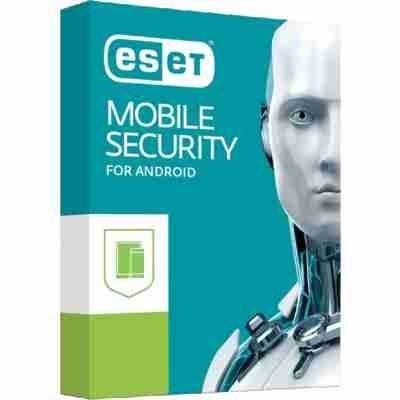 alt=ESET Mobile Security for Android packaging featuring a teal background, logo, and a design symbolizing technology and protection.
