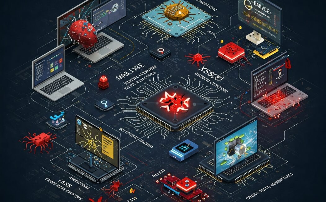 alt=Digital illustration of security vulnerabilities, featuring computers, bugs, and icons representing various cyber threats.