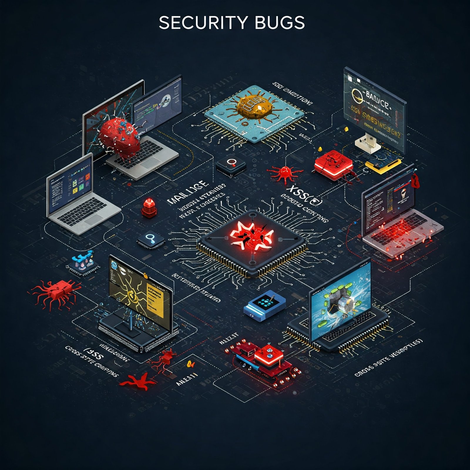 alt=Digital illustration of security vulnerabilities, featuring computers, bugs, and icons representing various cyber threats.