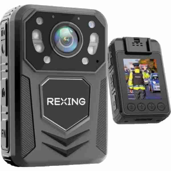 alt=A black body-worn camera by REXING with a front lens and a small rear screen displaying a police officer at a traffic stop.