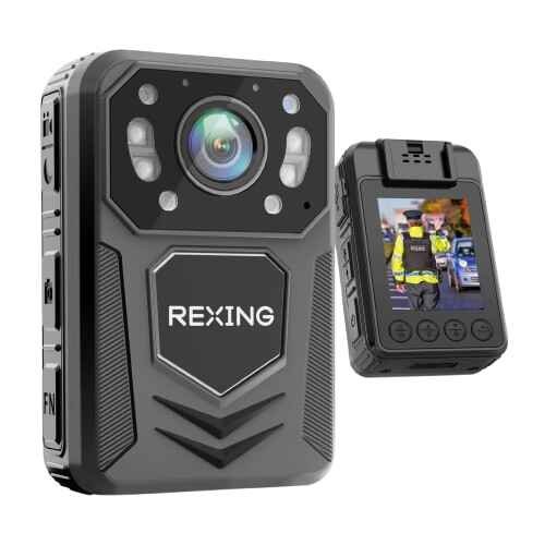 alt=A black body-worn camera by REXING with a front lens and a small rear screen displaying a police officer at a traffic stop.