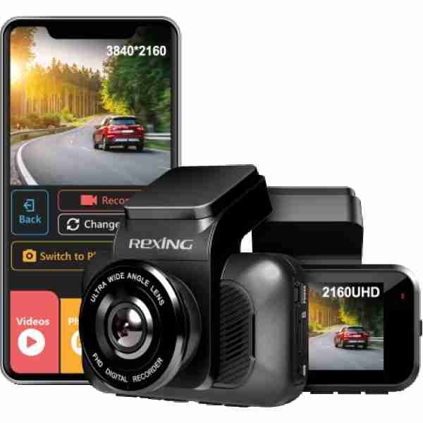 alt=A Rexing dash cam displayed next to a smartphone, showcasing recording options and a scenic driving route on the screen.