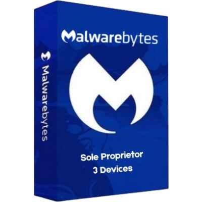 alt=alt=Malwarebytes software box labeled "Sole Proprietor" for protection on up to 3 devices, featuring a blue design and logo.