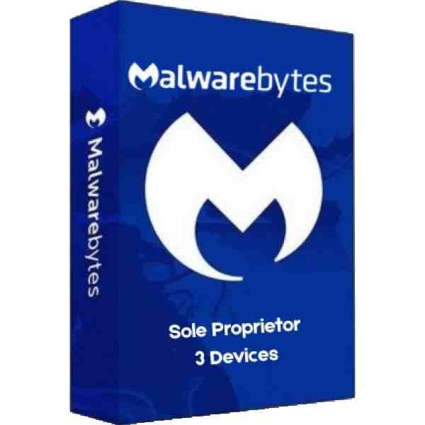 alt=alt=Malwarebytes software box labeled "Sole Proprietor" for protection on up to 3 devices, featuring a blue design and logo.