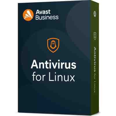 alt=Avast Business Antivirus for Linux packaging, featuring a blue and green design with the Avast logo and a penguin icon.