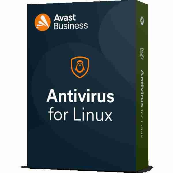 alt=Avast Business Antivirus for Linux packaging, featuring a blue and green design with the Avast logo and a penguin icon.