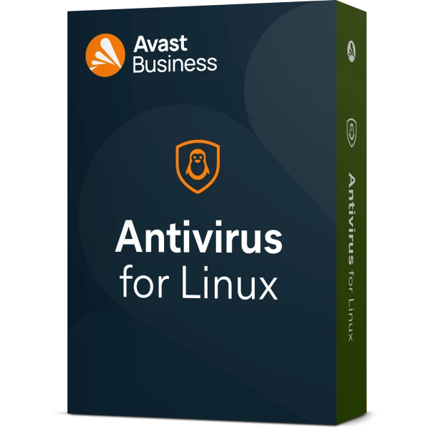 alt=Avast Business Antivirus for Linux packaging, featuring a blue and green design with the Avast logo and a penguin icon.
