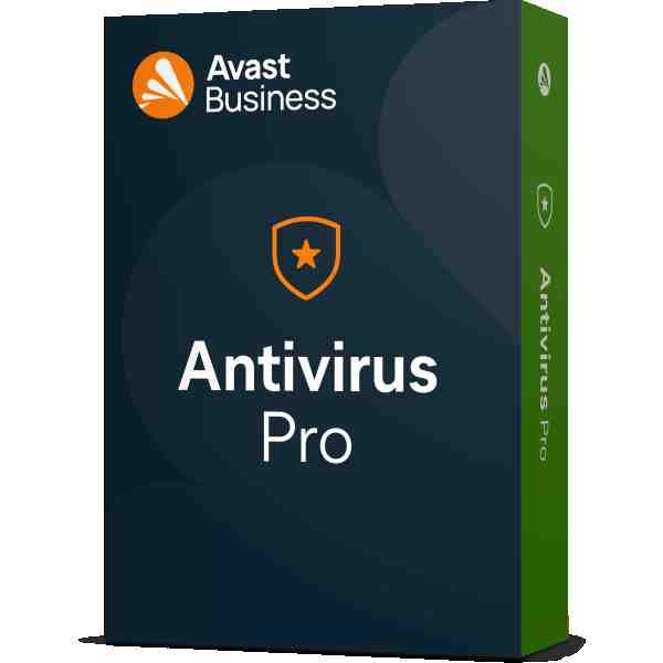 alt=Avast Business Antivirus Pro software box, featuring a dark background, orange logo, and bold white text stating "Antivirus Pro."