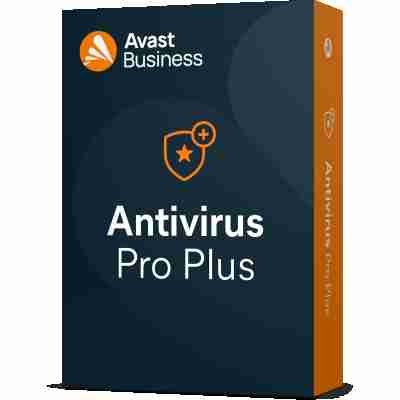 Box design for Avast Business Antivirus Pro Plus, featuring a shield logo and bold text on a dark blue background.