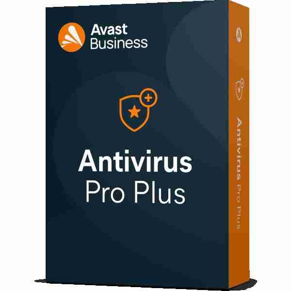 Box design for Avast Business Antivirus Pro Plus, featuring a shield logo and bold text on a dark blue background.