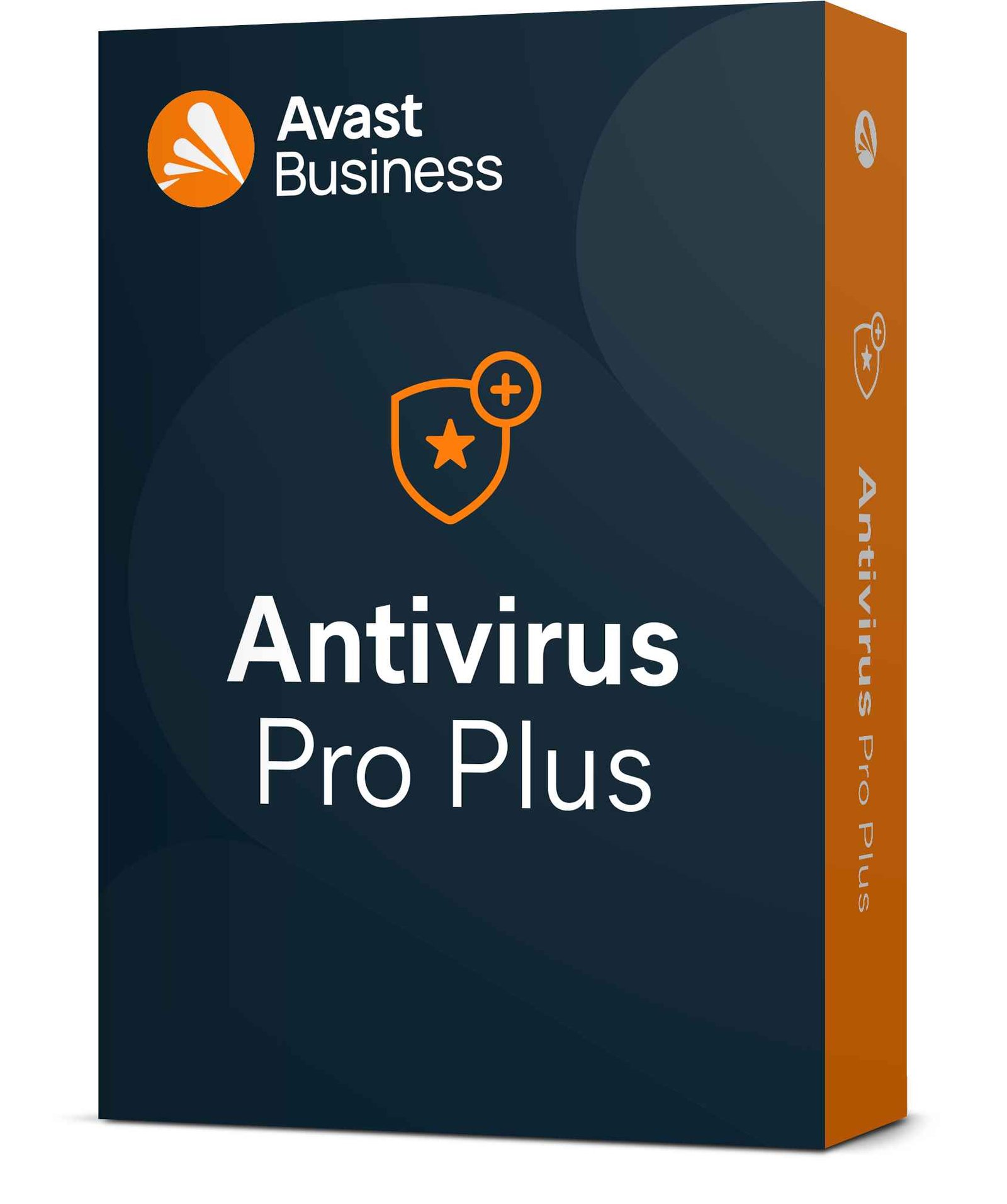 Box design for Avast Business Antivirus Pro Plus, featuring a shield logo and bold text on a dark blue background.