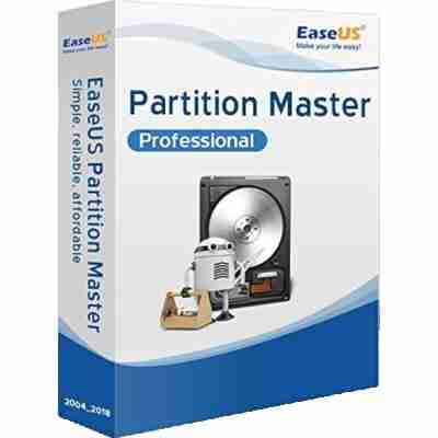 alt=Box cover for EaseUS Partition Master Professional, featuring a hard drive graphic and a robot design, emphasizing ease of use.
