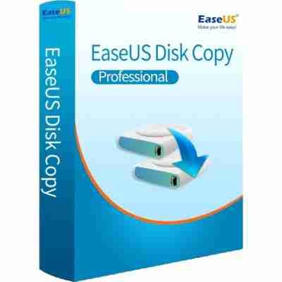 alt=Box design for EaseUS Disk Copy Professional software, featuring a graphic of two data storage devices and an arrow indicating copying.