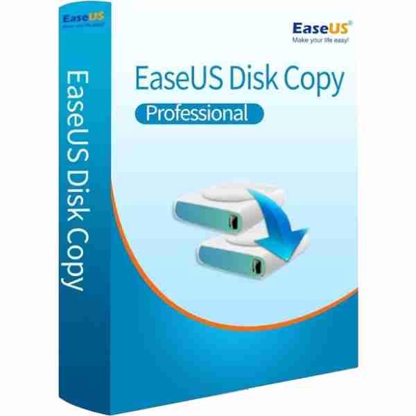 alt=Box design for EaseUS Disk Copy Professional software, featuring a graphic of two data storage devices and an arrow indicating copying.