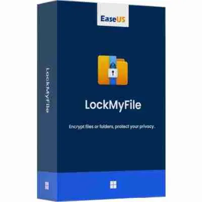 alt=Box packaging for EaseUS LockMyFile software, featuring a padlock graphic and a tagline about file encryption and privacy protection.