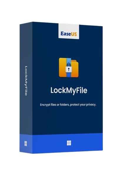 alt=Box packaging for EaseUS LockMyFile software, featuring a padlock graphic and a tagline about file encryption and privacy protection.