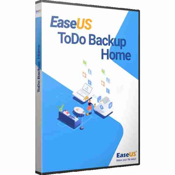 alt=Box cover of EaseUS ToDo Backup Home software, featuring a modern design with a computer and digital files. "Make your life easy!" tagline.