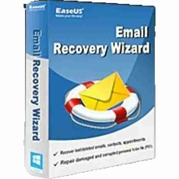 alt=Box design for EaseUS Email Recovery Wizard, featuring a lifebuoy and an envelope, highlighting email recovery features.