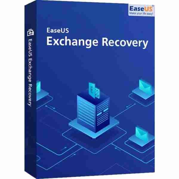 alt=Box cover of EaseUS Exchange Recovery software featuring a blue design with an icon of a server and data connectivity graphics.