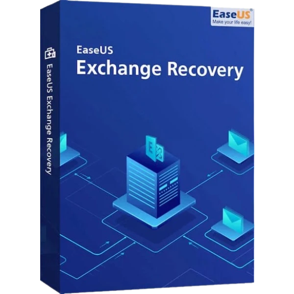 alt=Box cover of EaseUS Exchange Recovery software featuring a blue design with an icon of a server and data connectivity graphics.