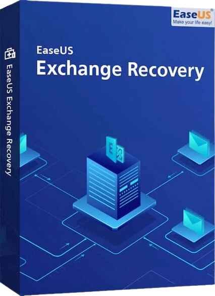 alt=Box cover of EaseUS Exchange Recovery software featuring a blue design with an icon of a server and data connectivity graphics.