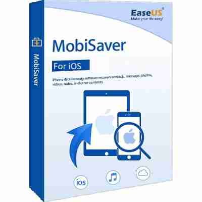 alt=Blue product box for EaseUS MobiSaver software, detailing iPhone data recovery capabilities for contacts, messages, photos, and more.