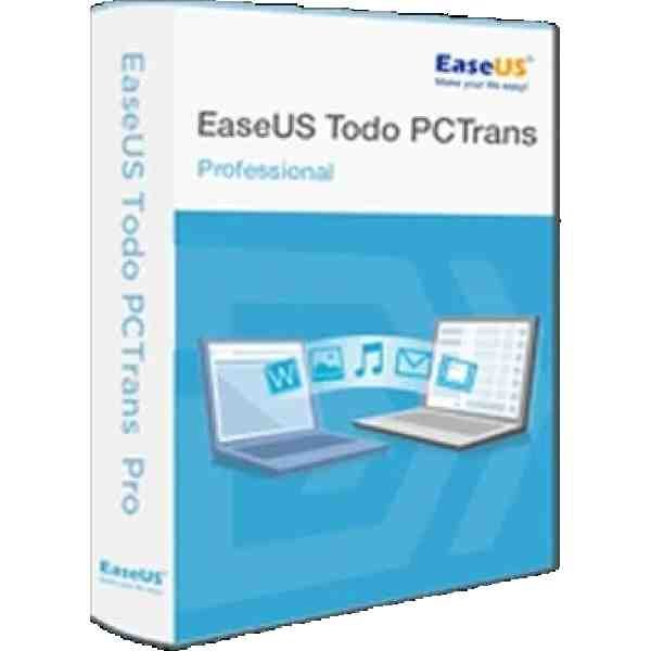 alt=Software box for EaseUS Todo PCTrans Professional, featuring laptops and icons for documents, music, and emails on a blue background.