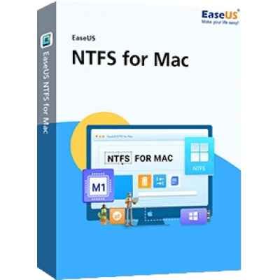 alt+EaseUS NTFS for Mac software box, featuring a blue and yellow design with the title prominently displayed and a graphic of the application interface.