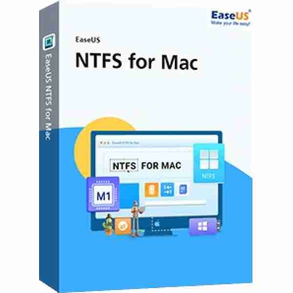 alt+EaseUS NTFS for Mac software box, featuring a blue and yellow design with the title prominently displayed and a graphic of the application interface.