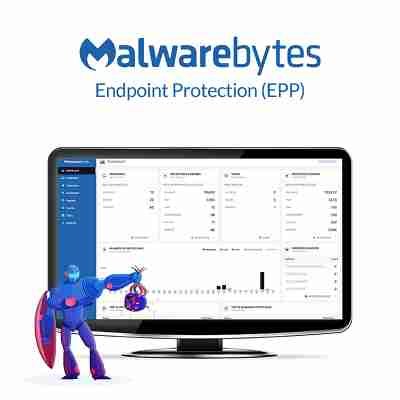 alt=A digital dashboard displaying Malwarebytes Endpoint Protection statistics with a blue robot character holding a malware icon.