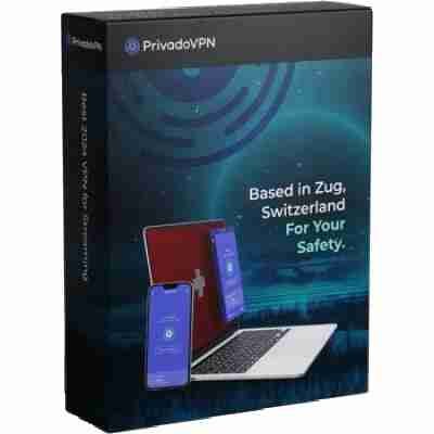 alt=Promotional box for PrivadoVPN, featuring a laptop, tablet, and smartphone, emphasizing privacy and safety in Zug, Switzerland.