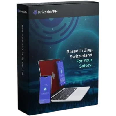alt=Promotional box for PrivadoVPN, featuring a laptop, tablet, and smartphone, emphasizing privacy and safety in Zug, Switzerland.